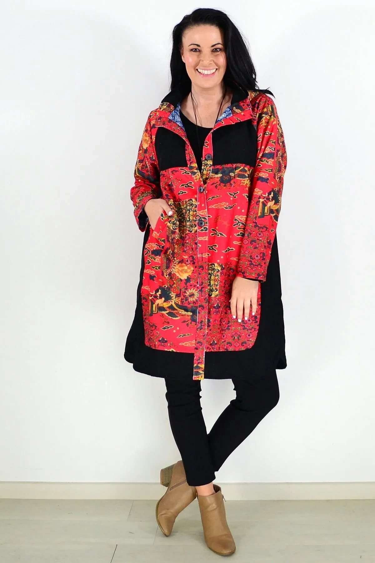 Red Oriental Long Corduroy Jacket