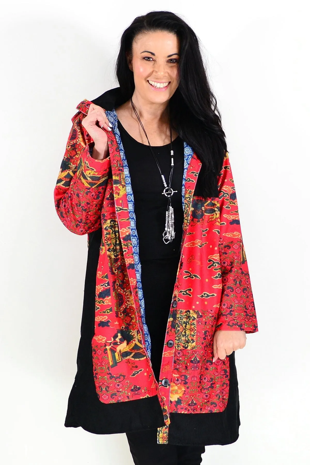Red Oriental Long Corduroy Jacket