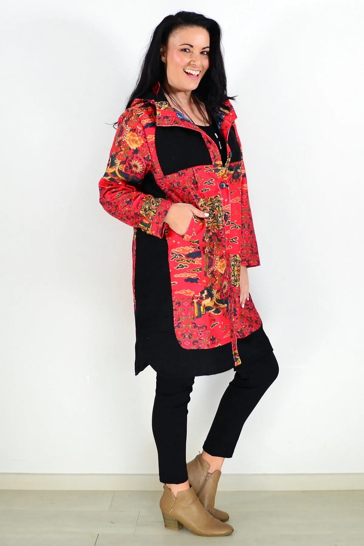 Red Oriental Long Corduroy Jacket