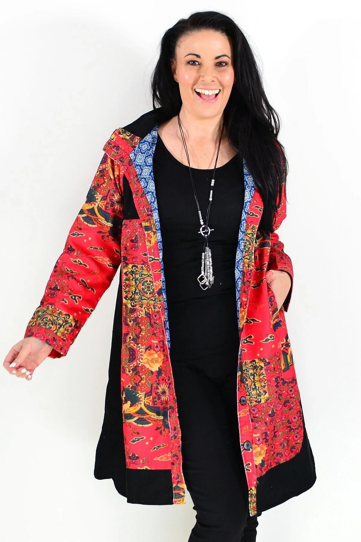Red Oriental Long Corduroy Jacket