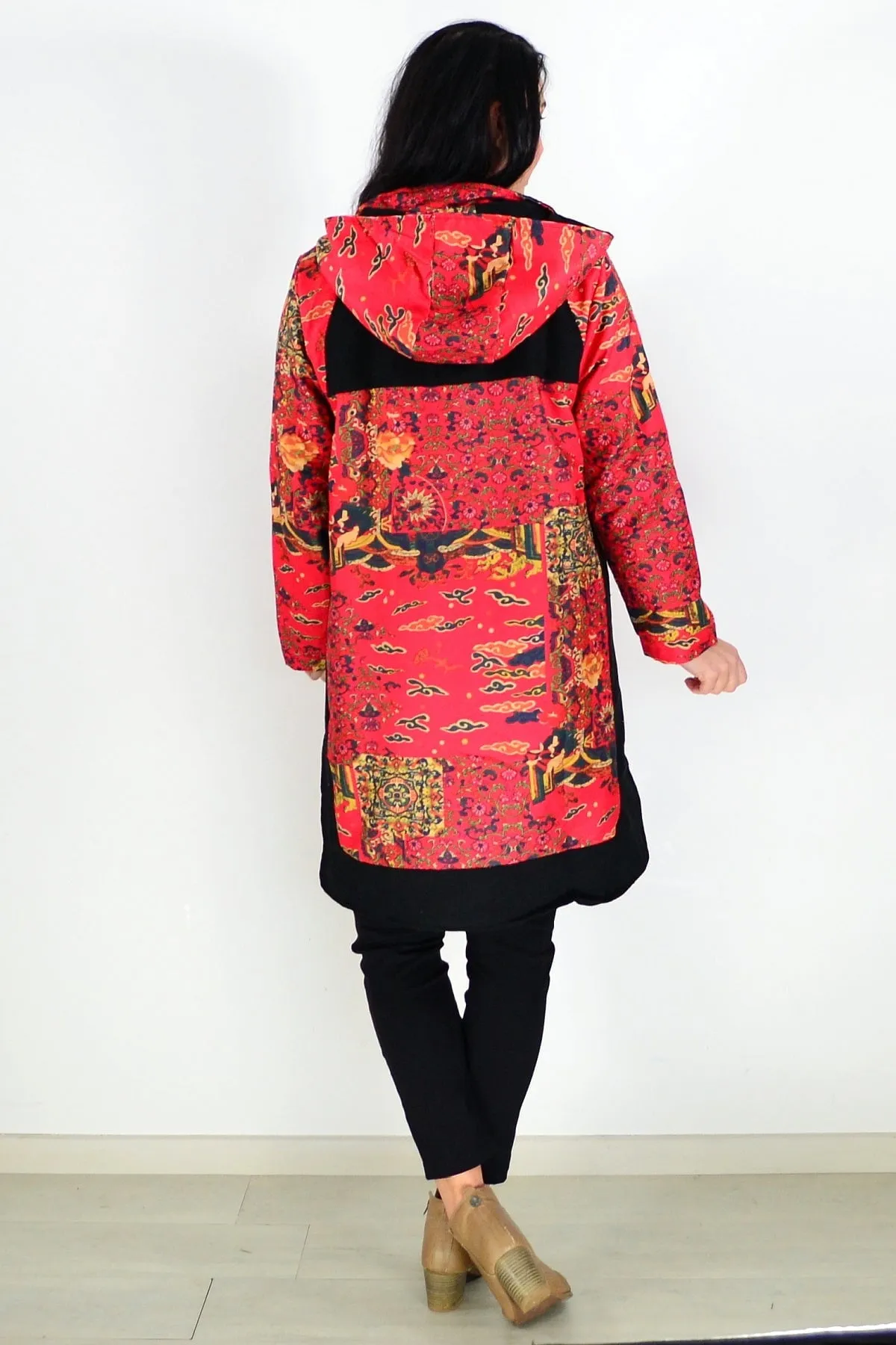 Red Oriental Long Corduroy Jacket