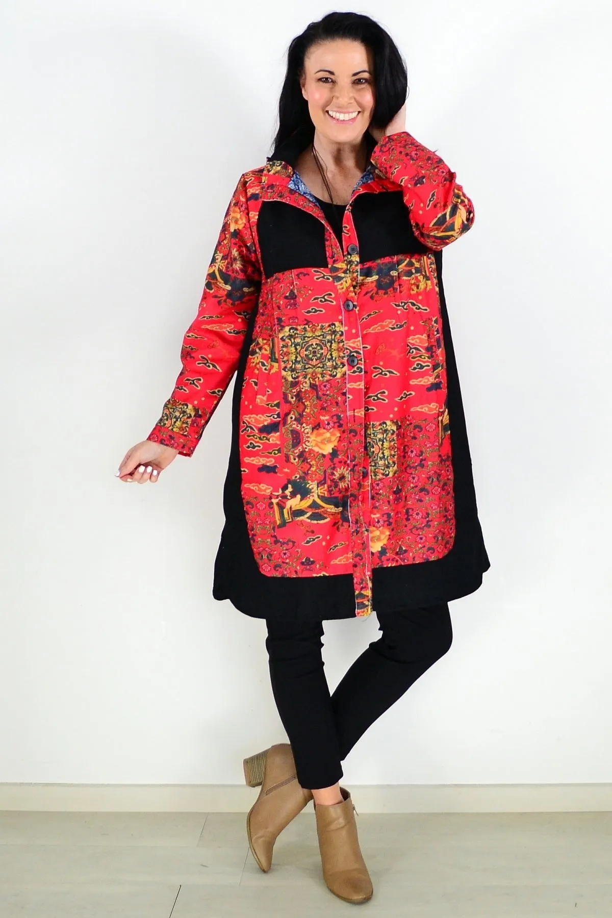 Red Oriental Long Corduroy Jacket