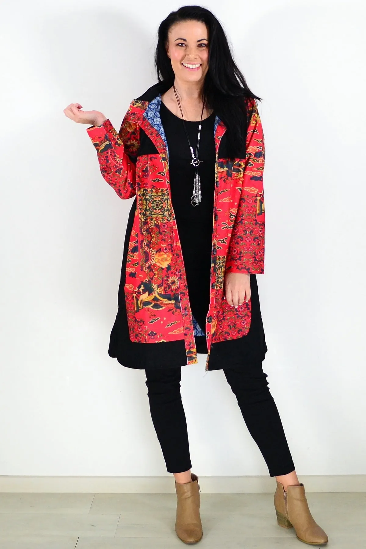 Red Oriental Long Corduroy Jacket
