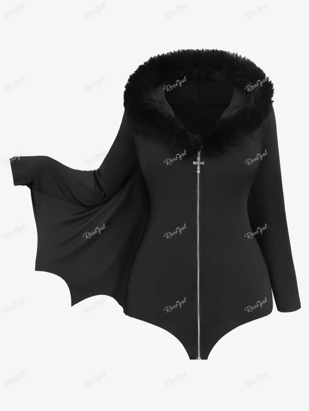 Ros gal Plus Size Damen voller Reiß verschluss Pelz Hals Fledermaus Flügel Kapuzen mantel schwarz High Stretch Jacken lässig Frühling Herbst Outwear Tops
