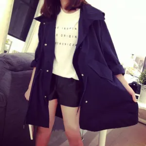 Slim Look Women Korean Harajuku BF Loose ADrawstring Windbreaker Mid-Length Student Thin Cardigan Outerwear