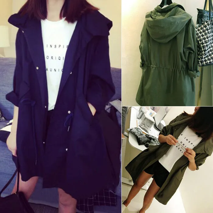 Slim Look Women Korean Harajuku BF Loose ADrawstring Windbreaker Mid-Length Student Thin Cardigan Outerwear