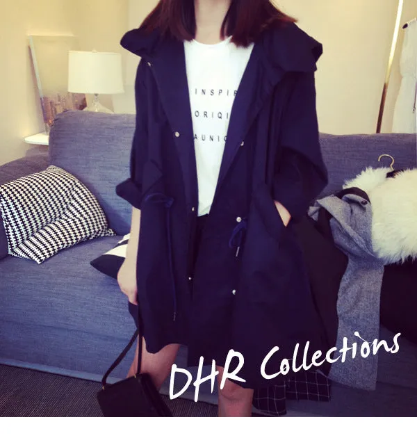 Slim Look Women Korean Harajuku BF Loose ADrawstring Windbreaker Mid-Length Student Thin Cardigan Outerwear