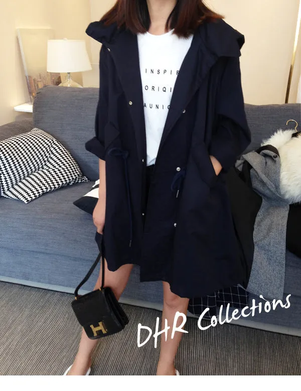 Slim Look Women Korean Harajuku BF Loose ADrawstring Windbreaker Mid-Length Student Thin Cardigan Outerwear