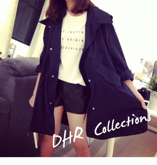 Slim Look Women Korean Harajuku BF Loose ADrawstring Windbreaker Mid-Length Student Thin Cardigan Outerwear