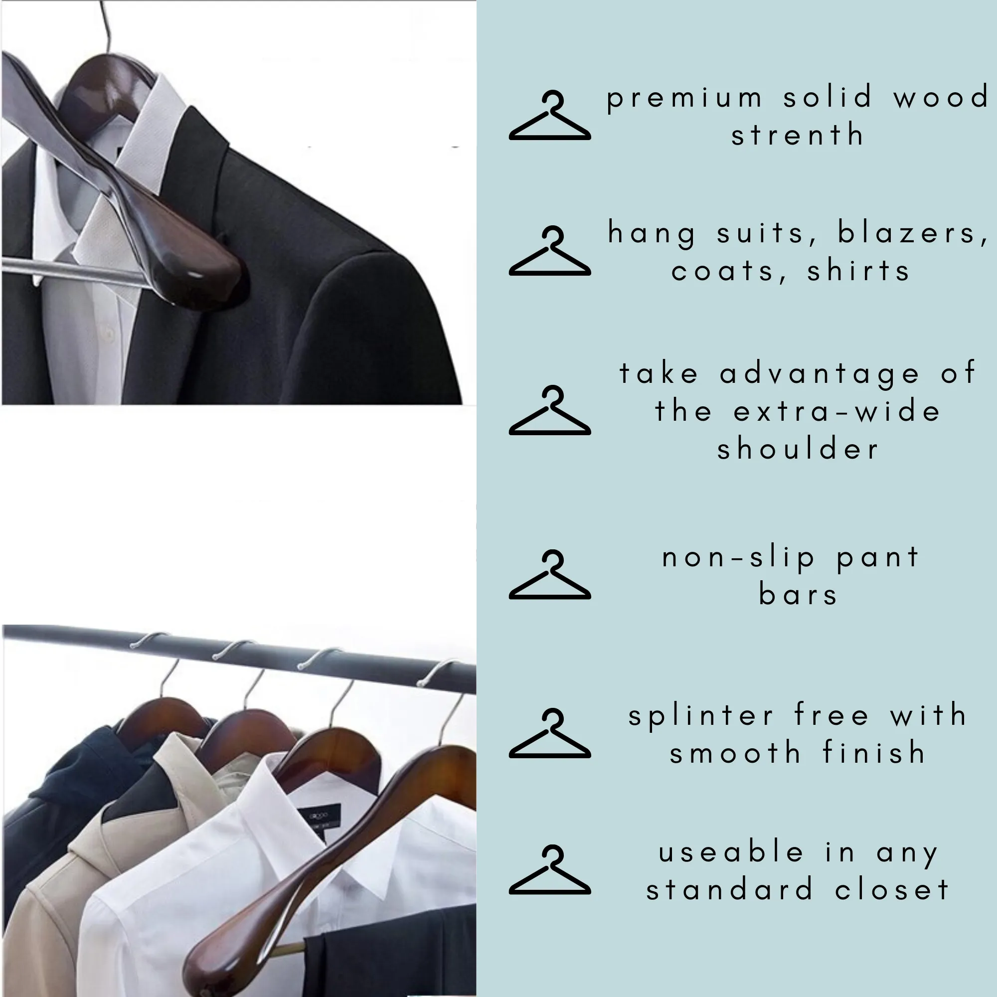 Solid Wood Extra-Wide Shoulder Coat Hangers - Set of 6 (Retro)
