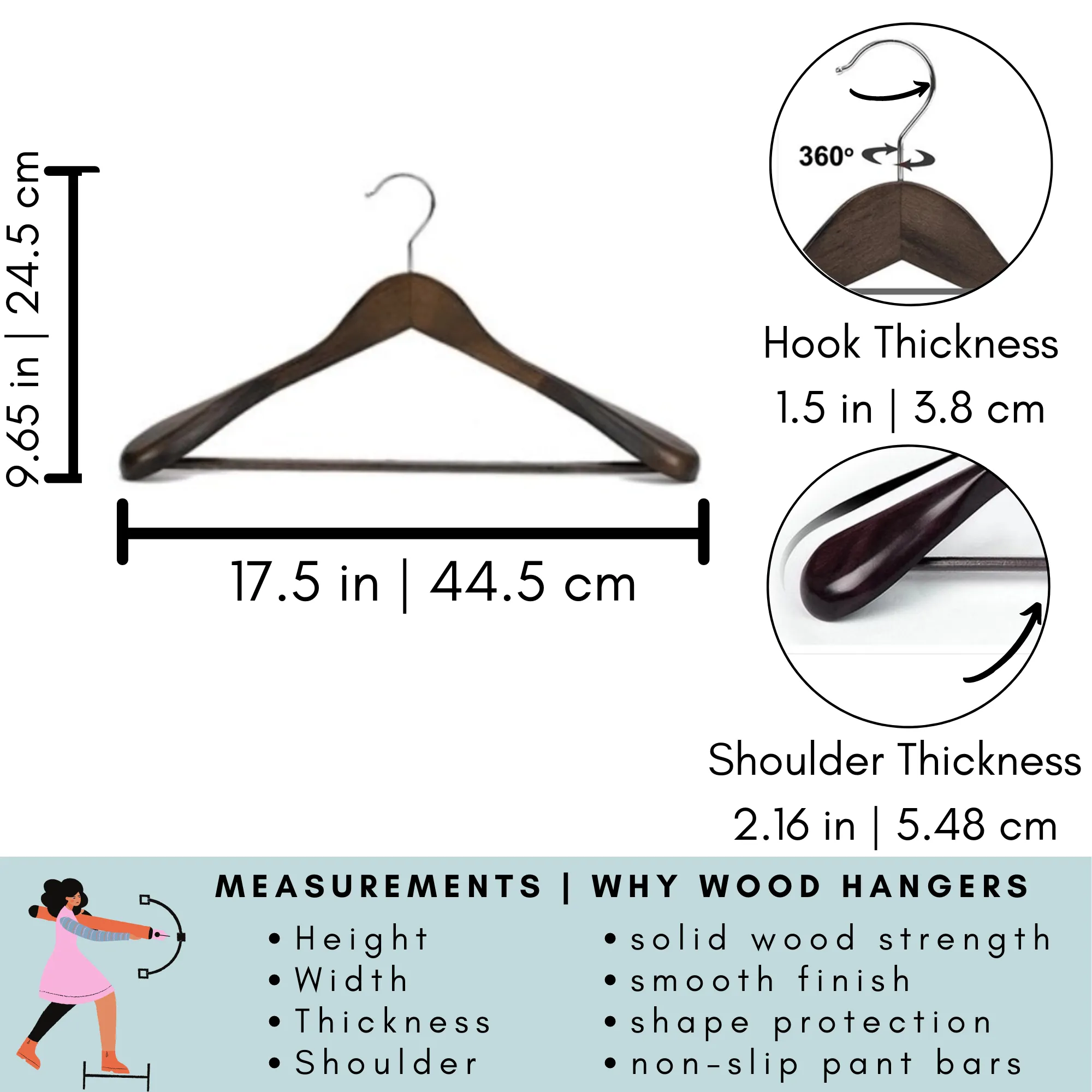 Solid Wood Extra-Wide Shoulder Coat Hangers - Set of 6 (Retro)