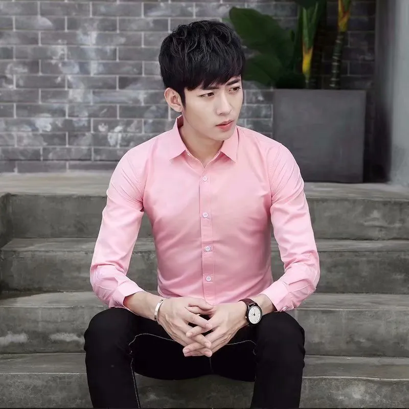 Summer Black Shirt Men Youth Korean Slim Look Solid Colored Business Trendy Men Shirt
