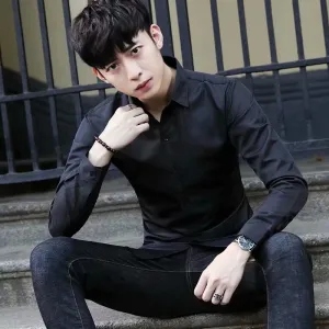 Summer Black Shirt Men Youth Korean Slim Look Solid Colored Business Trendy Men Shirt