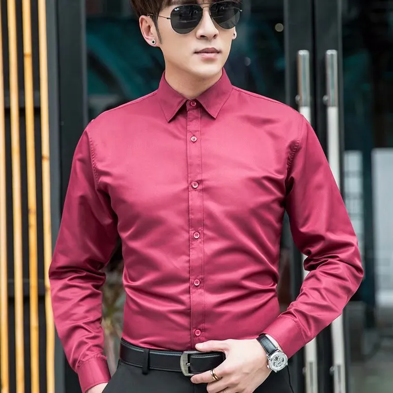 Summer Black Shirt Men Youth Korean Slim Look Solid Colored Business Trendy Men Shirt
