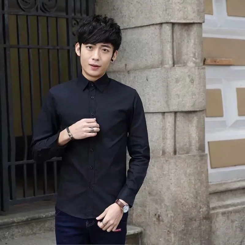 Summer Black Shirt Men Youth Korean Slim Look Solid Colored Business Trendy Men Shirt