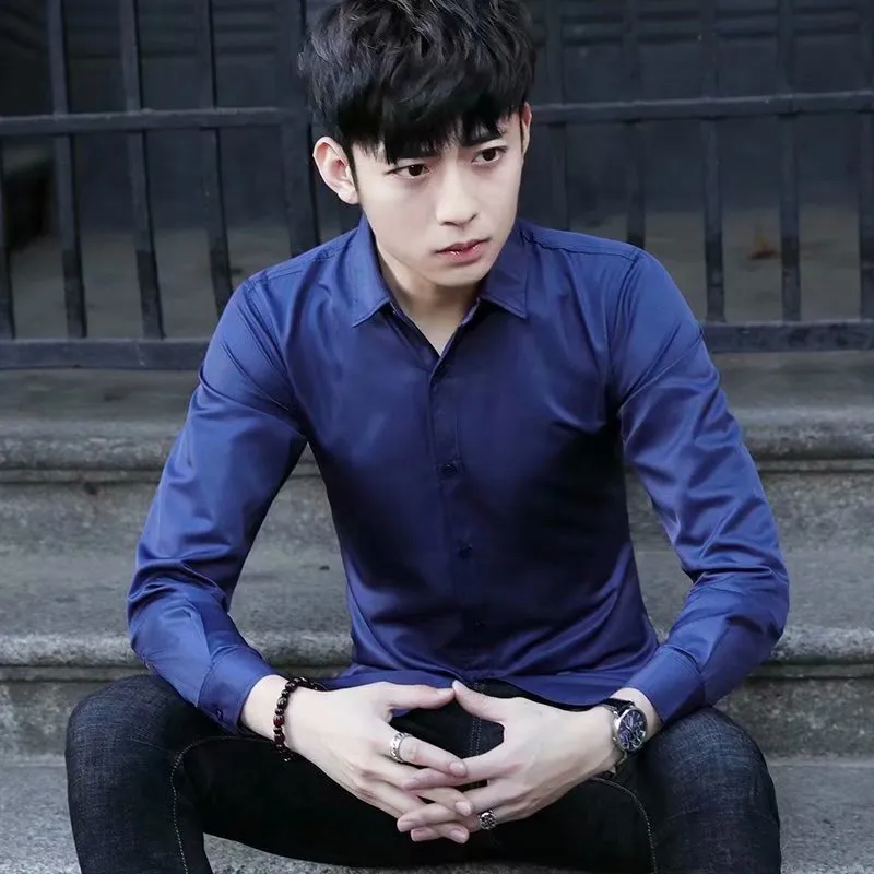 Summer Black Shirt Men Youth Korean Slim Look Solid Colored Business Trendy Men Shirt