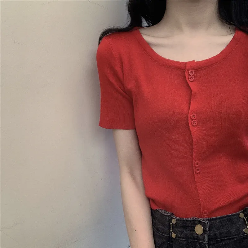 Summer Short Tops Women Sweet Look Student High Waist Short Sleeve Knitted Cardigan Thin Outerwear