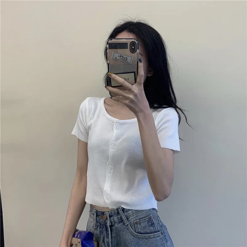 Summer Short Tops Women Sweet Look Student High Waist Short Sleeve Knitted Cardigan Thin Outerwear