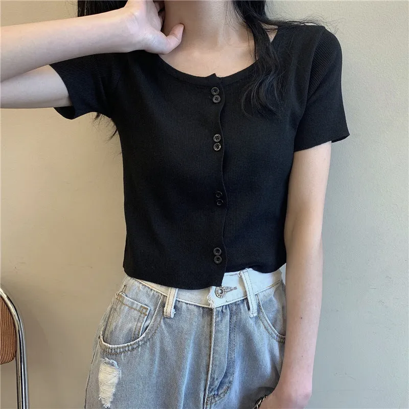 Summer Short Tops Women Sweet Look Student High Waist Short Sleeve Knitted Cardigan Thin Outerwear