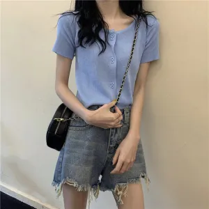 Summer Short Tops Women Sweet Look Student High Waist Short Sleeve Knitted Cardigan Thin Outerwear