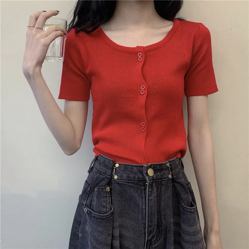 Summer Short Tops Women Sweet Look Student High Waist Short Sleeve Knitted Cardigan Thin Outerwear