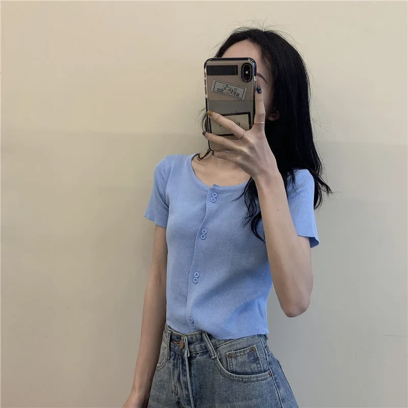 Summer Short Tops Women Sweet Look Student High Waist Short Sleeve Knitted Cardigan Thin Outerwear