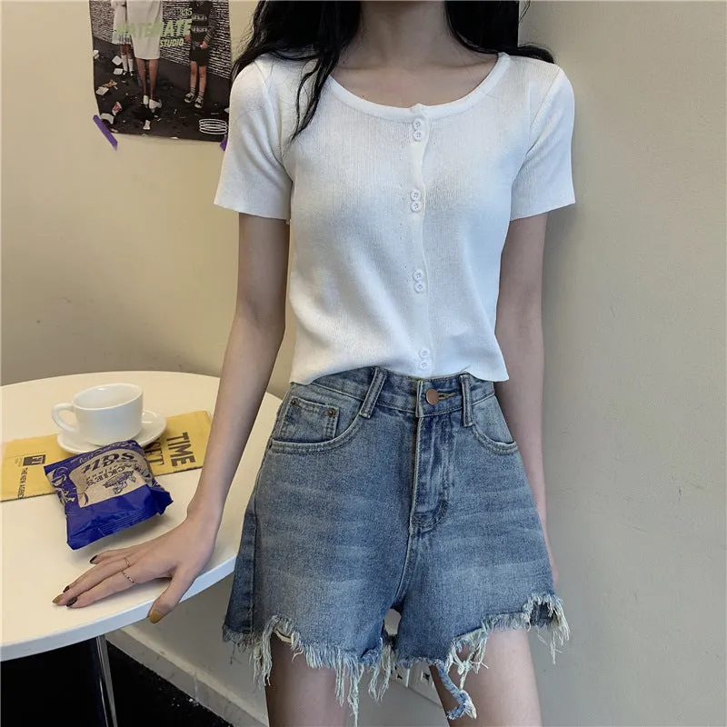 Summer Short Tops Women Sweet Look Student High Waist Short Sleeve Knitted Cardigan Thin Outerwear