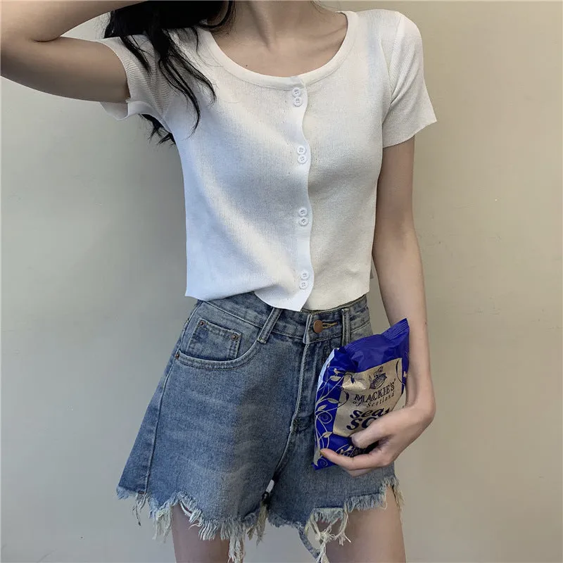 Summer Short Tops Women Sweet Look Student High Waist Short Sleeve Knitted Cardigan Thin Outerwear