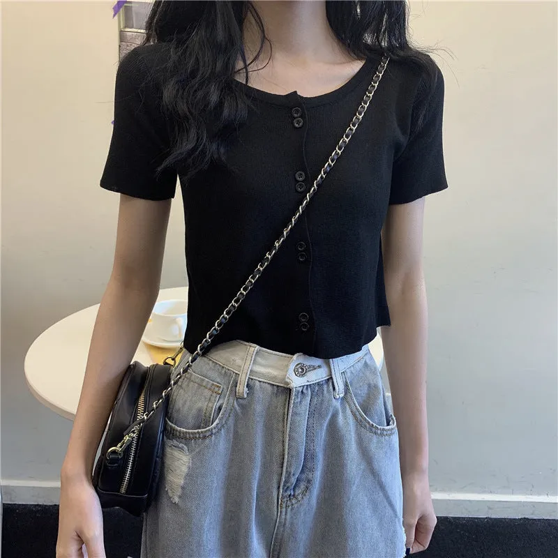 Summer Short Tops Women Sweet Look Student High Waist Short Sleeve Knitted Cardigan Thin Outerwear