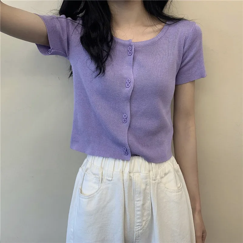 Summer Short Tops Women Sweet Look Student High Waist Short Sleeve Knitted Cardigan Thin Outerwear