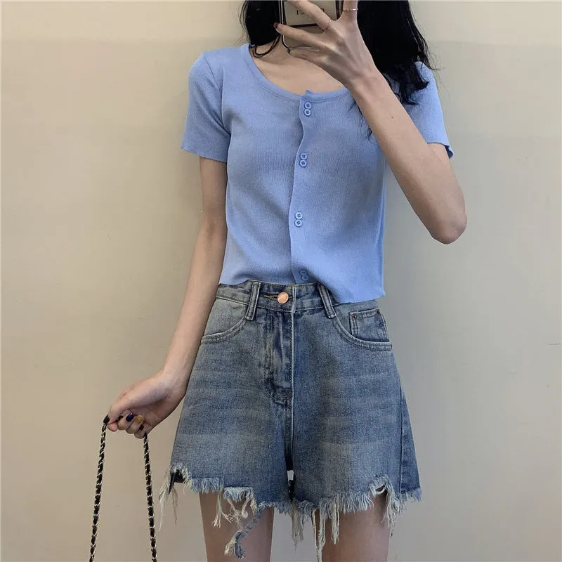 Summer Short Tops Women Sweet Look Student High Waist Short Sleeve Knitted Cardigan Thin Outerwear