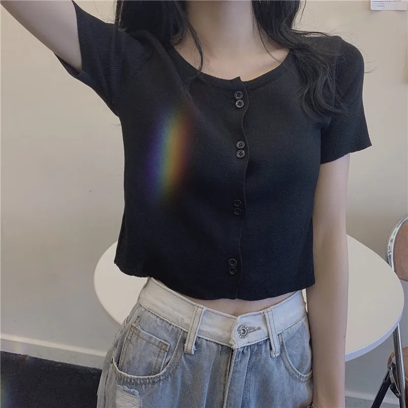 Summer Short Tops Women Sweet Look Student High Waist Short Sleeve Knitted Cardigan Thin Outerwear