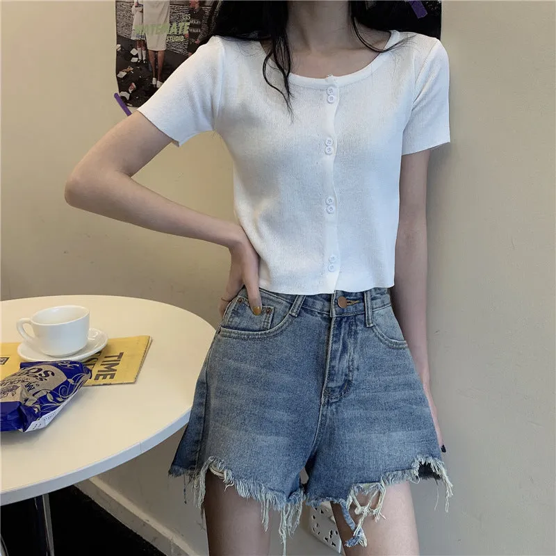 Summer Short Tops Women Sweet Look Student High Waist Short Sleeve Knitted Cardigan Thin Outerwear