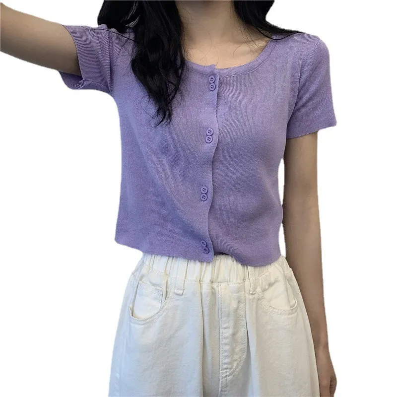 Summer Short Tops Women Sweet Look Student High Waist Short Sleeve Knitted Cardigan Thin Outerwear