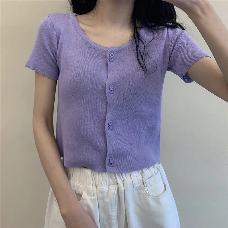 Summer Short Tops Women Sweet Look Student High Waist Short Sleeve Knitted Cardigan Thin Outerwear