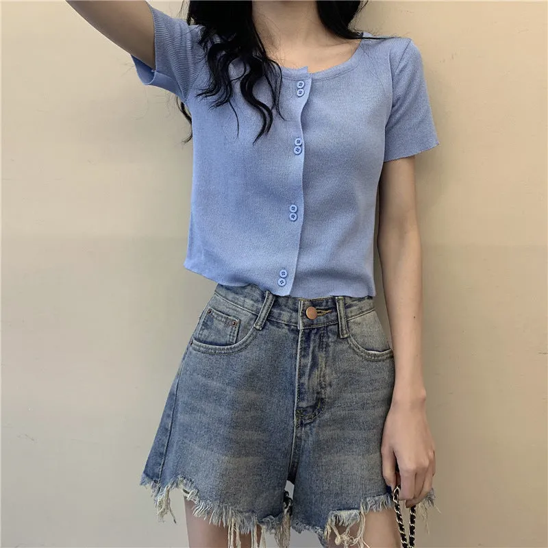 Summer Short Tops Women Sweet Look Student High Waist Short Sleeve Knitted Cardigan Thin Outerwear