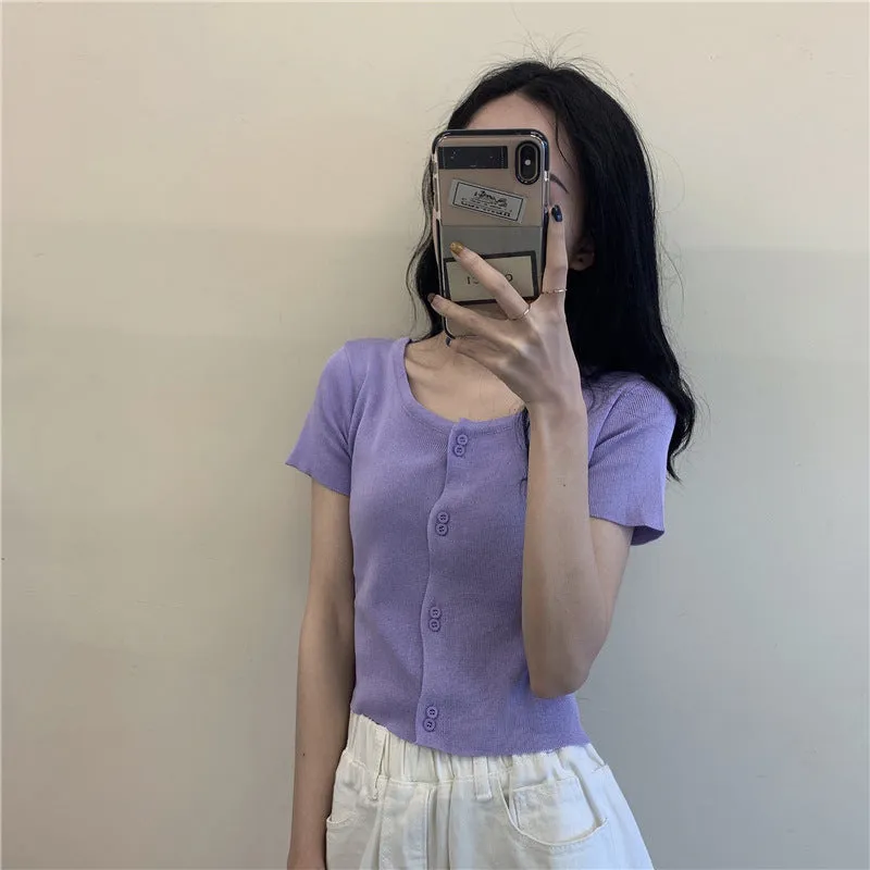 Summer Short Tops Women Sweet Look Student High Waist Short Sleeve Knitted Cardigan Thin Outerwear