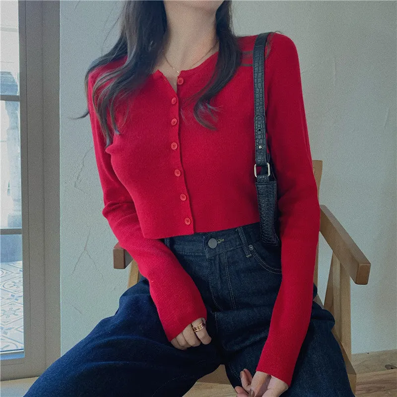Tops Women Short Sweater Slim Look Matching Outdoor Red Bare Belly Sexy Cardigan Outerwear