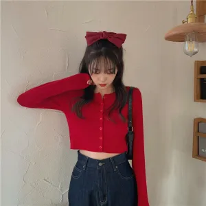 Tops Women Short Sweater Slim Look Matching Outdoor Red Bare Belly Sexy Cardigan Outerwear