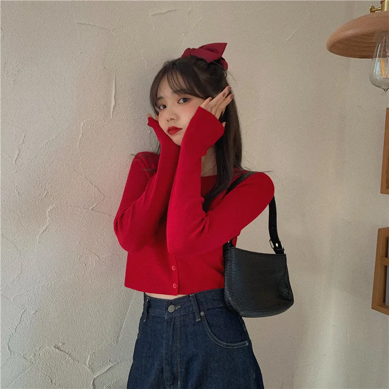 Tops Women Short Sweater Slim Look Matching Outdoor Red Bare Belly Sexy Cardigan Outerwear