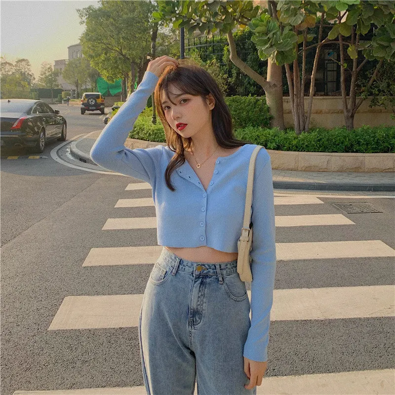 Tops Women Short Sweater Slim Look Matching Outdoor Red Bare Belly Sexy Cardigan Outerwear
