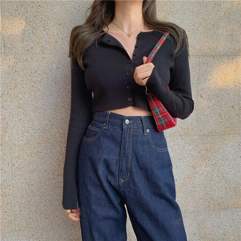 Tops Women Short Sweater Slim Look Matching Outdoor Red Bare Belly Sexy Cardigan Outerwear
