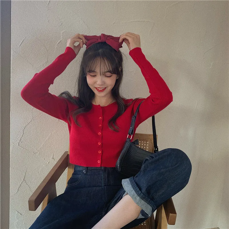 Tops Women Short Sweater Slim Look Matching Outdoor Red Bare Belly Sexy Cardigan Outerwear