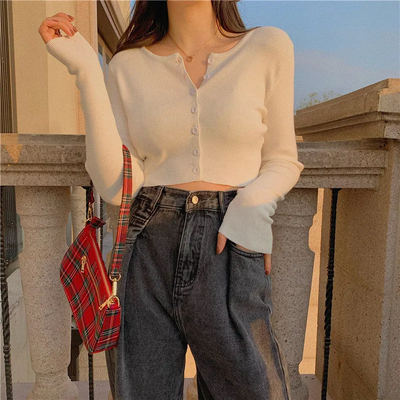 Tops Women Short Sweater Slim Look Matching Outdoor Red Bare Belly Sexy Cardigan Outerwear