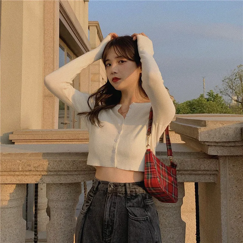 Tops Women Short Sweater Slim Look Matching Outdoor Red Bare Belly Sexy Cardigan Outerwear