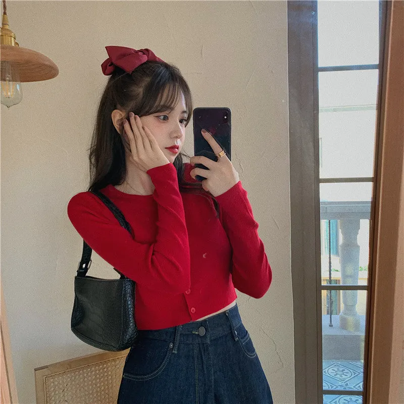 Tops Women Short Sweater Slim Look Matching Outdoor Red Bare Belly Sexy Cardigan Outerwear