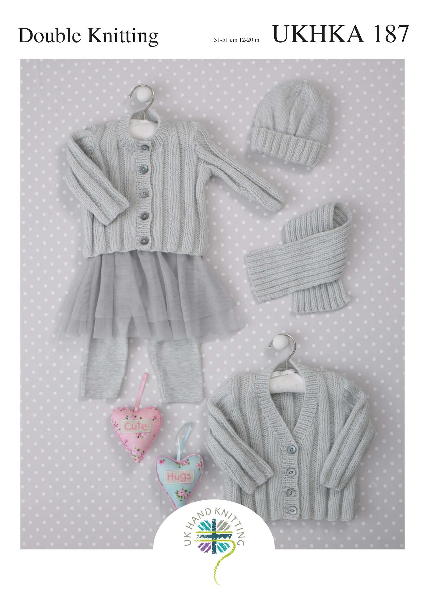 UKHKA 187 Double Knitting Pattern - DK Baby Cardigans, Scarf & Hat (12-20in)