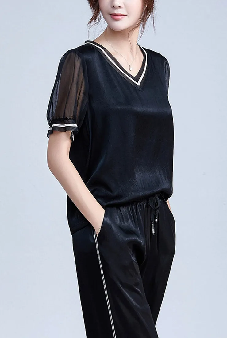 V-neck Loose Chiffon Short Sleeve Blouse