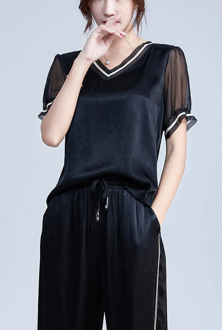 V-neck Loose Chiffon Short Sleeve Blouse