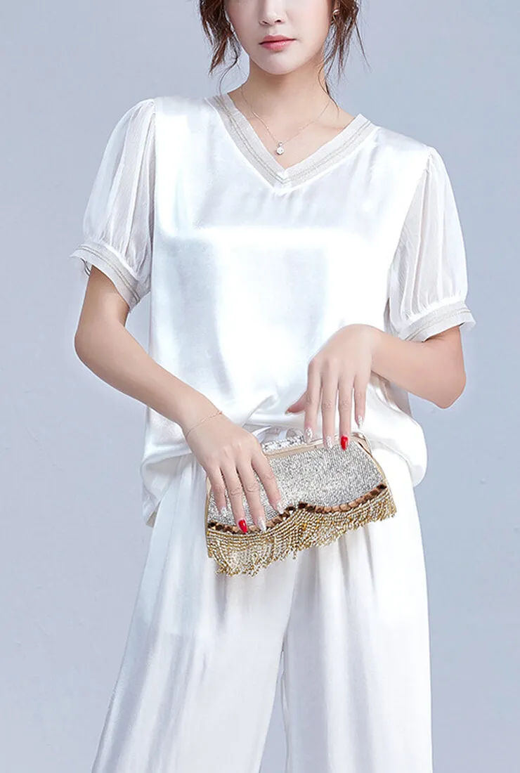 V-neck Loose Chiffon Short Sleeve Blouse